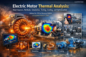 Electric motor thermal analysis illustration showing a high-performance EV motor with heat map simulation, thermal testing, cooling system, and optimization workflow in a bright realistic engineering scene.