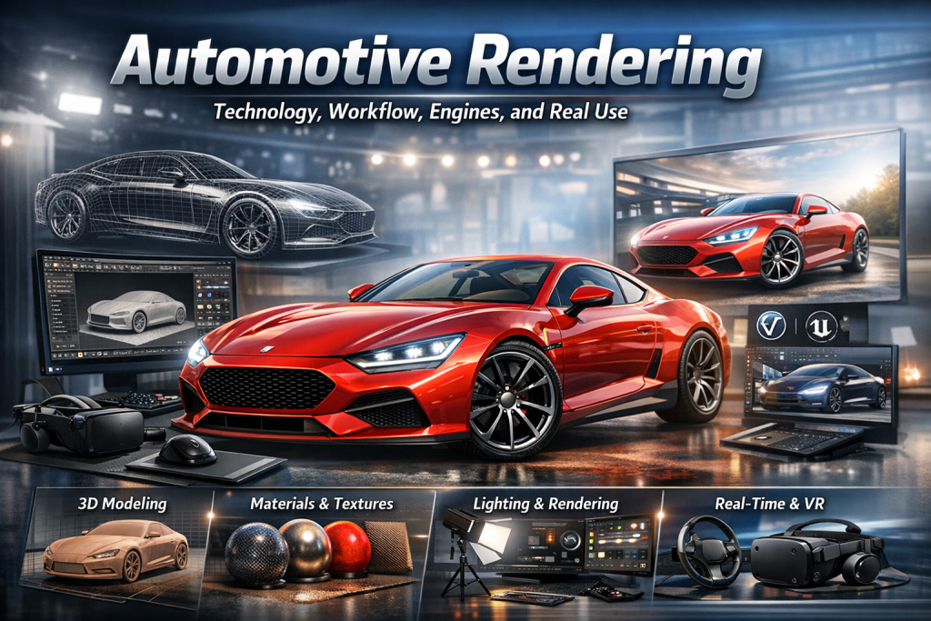 Automotive rendering workflow showing 3D car modeling, materials, lighting, and real-time visualization tools