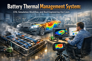 Battery thermal management system with CFD simulation showing heat distribution in EV battery pack and vehicle airflow analysis