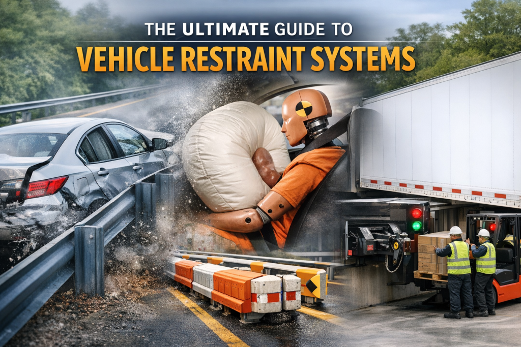 Vehicle restraint systems including highway guardrail crash impact, airbag deployment with crash test dummy, and truck loading dock restraint operation