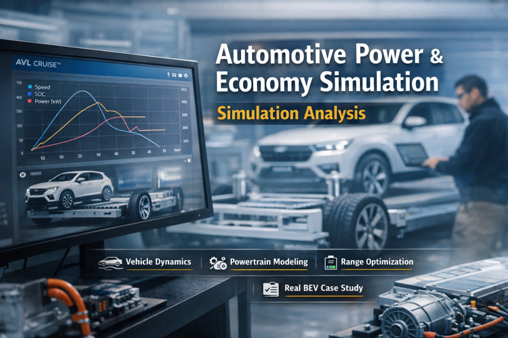 Automotive power and economy simulation dashboard with BEV SUV on dynamometer and engineer analyzing vehicle dynamics data