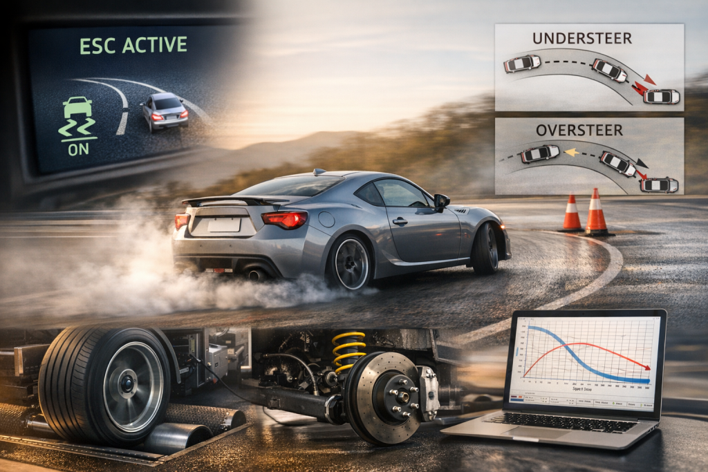 High-performance sports car drifting on a curved road at sunset with ESC active display, understeer and oversteer diagrams, chassis components, and vehicle dynamics data analysis on laptop.