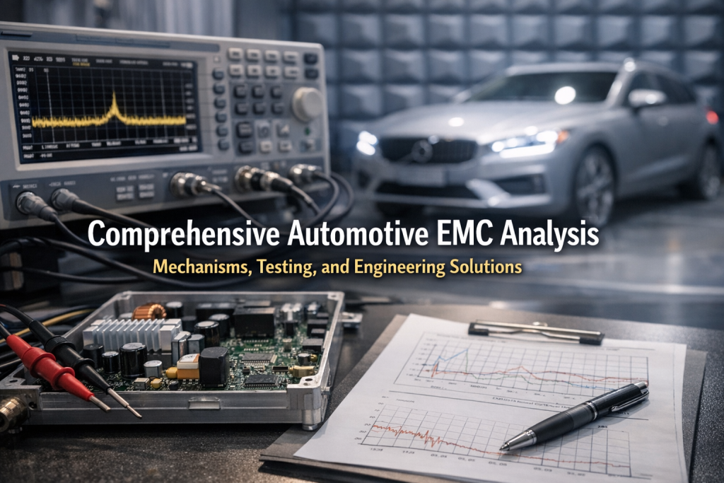 Engineers performing automotive EMC analysis in an anechoic chamber, testing vehicle radiated emissions with antenna equipment under soft lighting