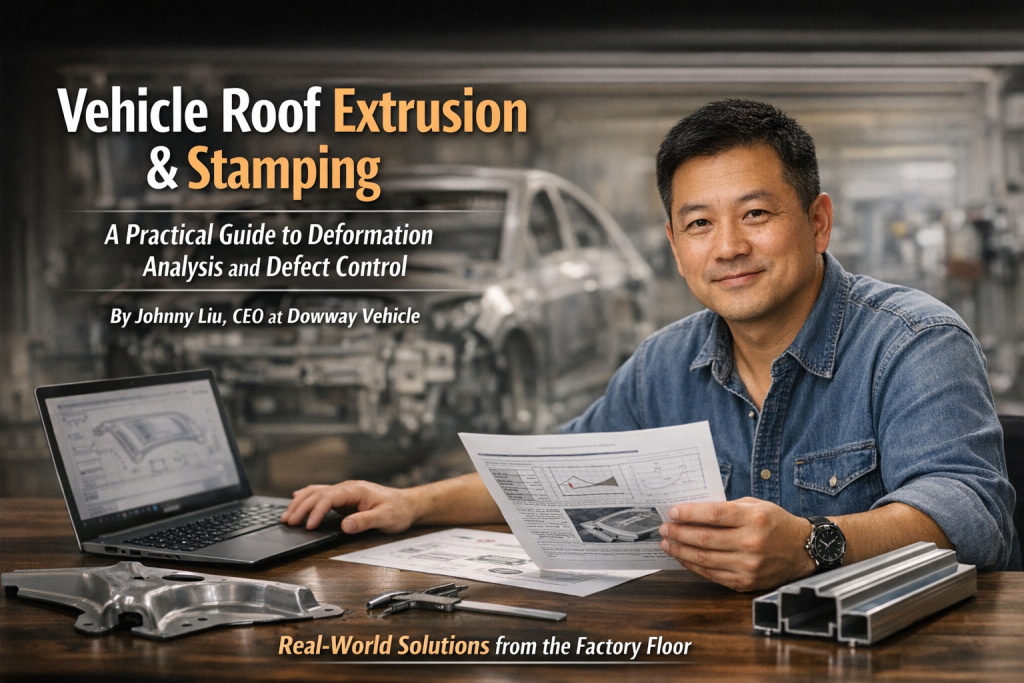 Automotive roof stamping and aluminum extrusion process in factory with soft lighting, showing precision die tooling and vehicle roof panel manufacturing