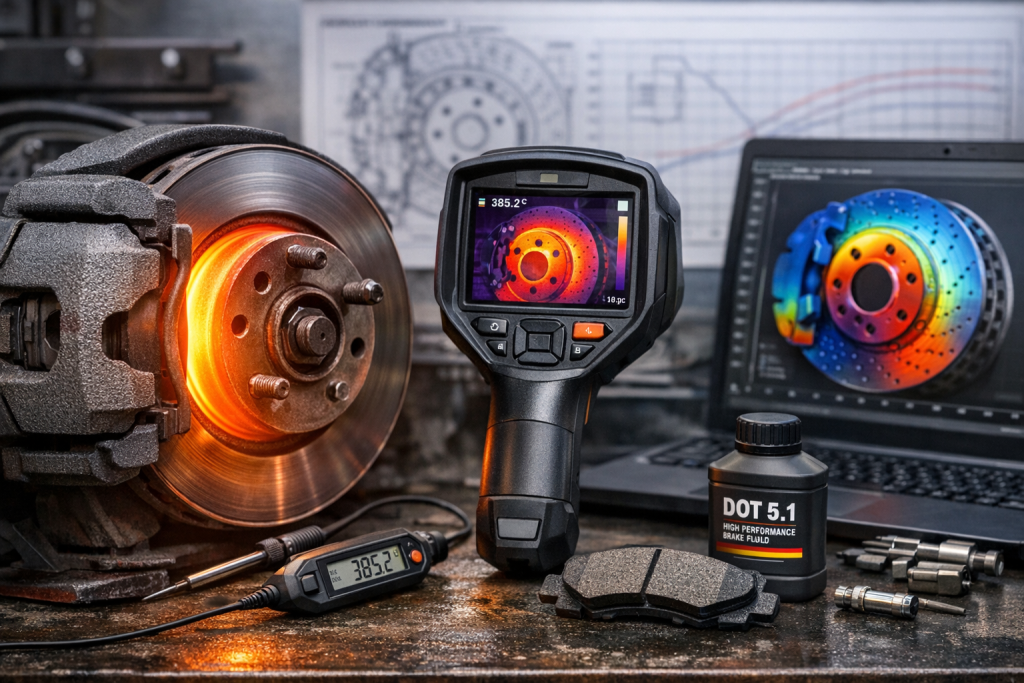Brake thermal analysis setup showing a glowing ventilated brake disc at 385°C measured by infrared camera, with FEA simulation displayed on laptop and DOT5.1 brake fluid beside ceramic brake pads.