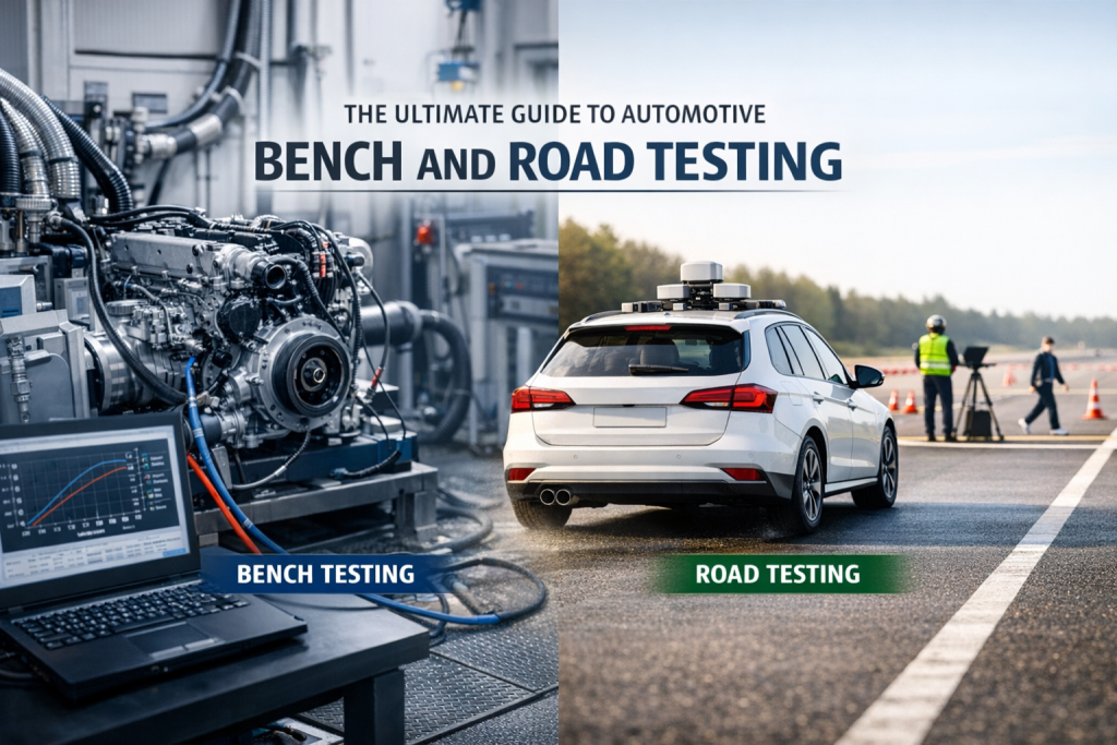 Automotive proving ground with high-speed test track and engineer monitoring vehicle data during bench and road testing under soft lighting