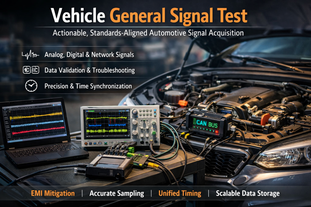 Hyper-realistic professional photograph of a vehicle general signal testing setup with the hood open, featuring an oscilloscope, laptop displaying multi-channel waveforms, and a CAN bus interface module capturing analog, digital, and in-vehicle network signals.