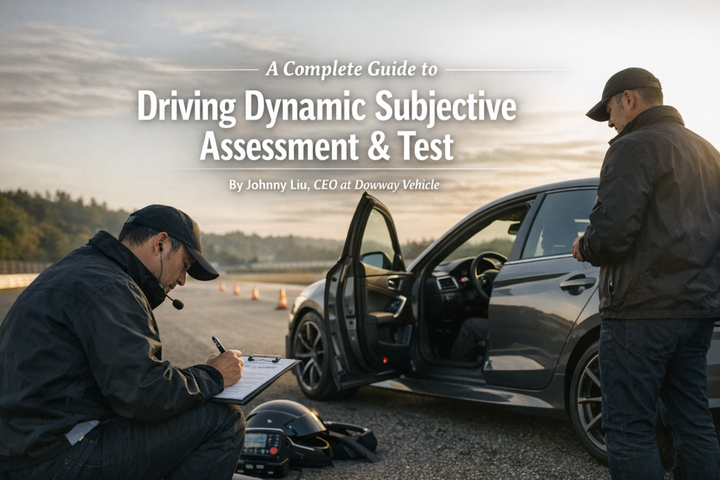 Professional drivers conducting driving dynamic subjective assessment on a test track, evaluating vehicle handling and performance under controlled conditions