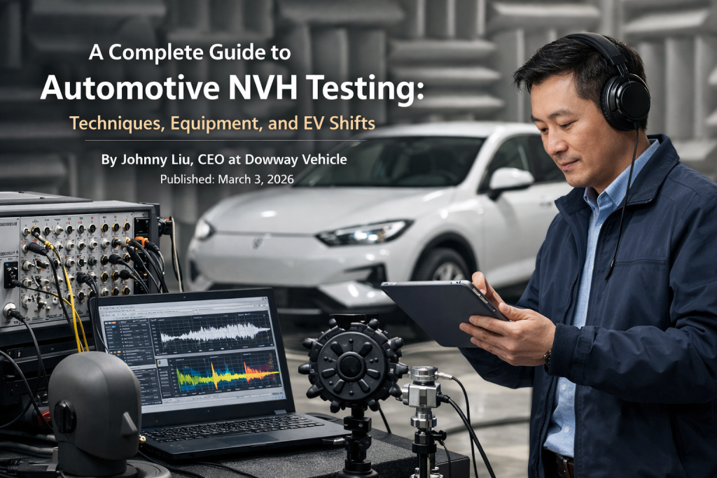 Automotive NVH testing engineer analyzing electric vehicle noise data in a semi-anechoic chamber with acoustic camera and data acquisition system