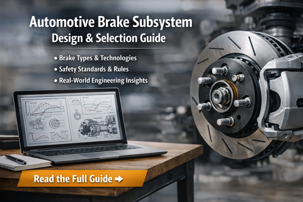 Automotive brake subsystem engineering concept showing a modern ventilated disc brake, caliper, and braking components in a professional studio lighting environment, representing brake system design and vehicle safety technology.