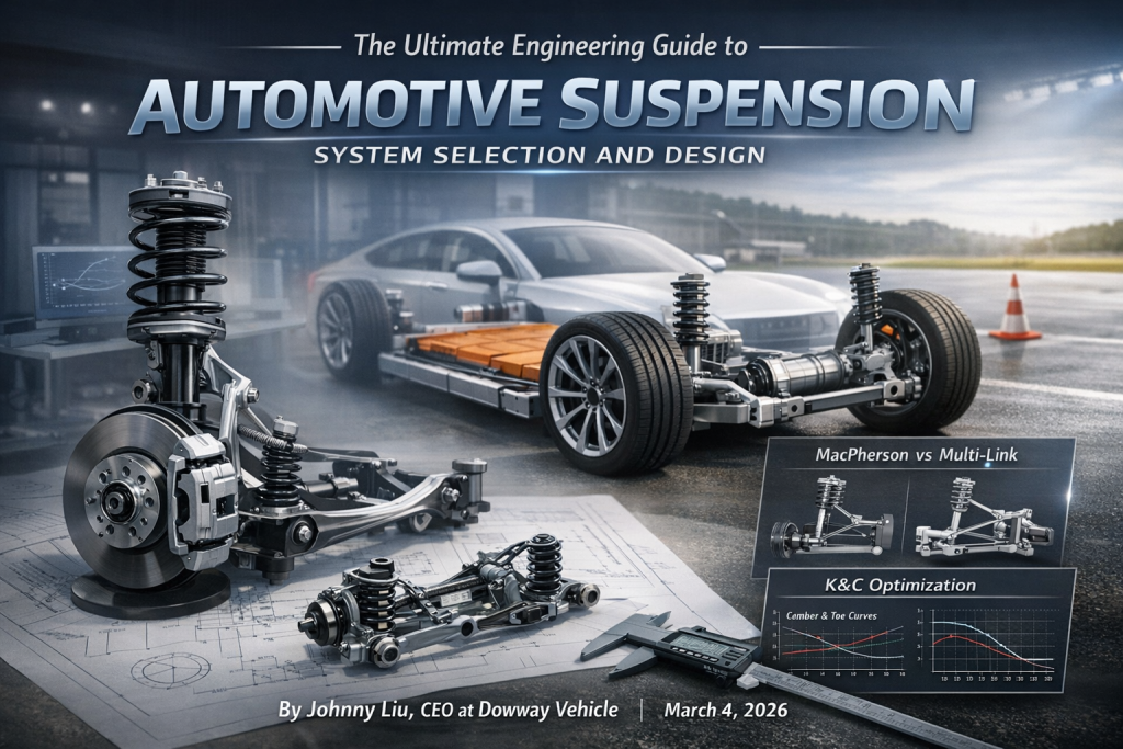 Automotive suspension system engineering diagram showing MacPherson strut, double wishbone and multi-link chassis structures used in modern vehicle design.
