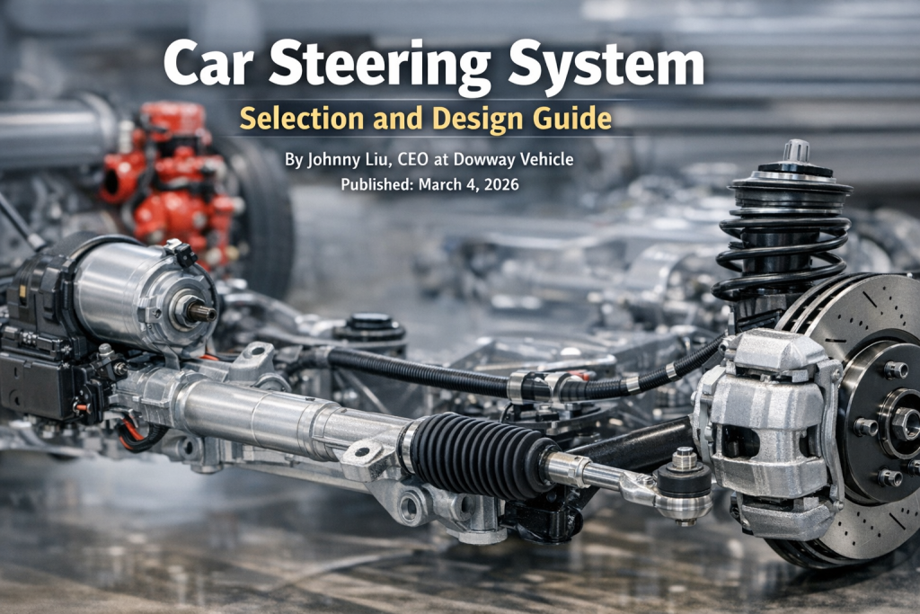 Automotive rack and pinion steering system with electric power steering motor in a modern vehicle chassis