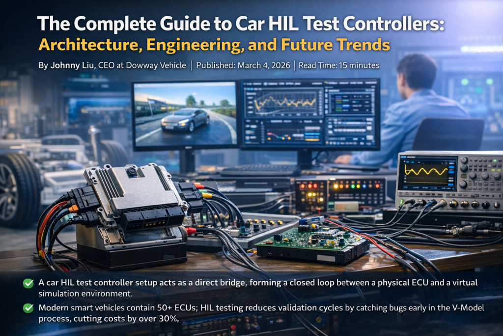 Automotive HIL test controller setup with ECU hardware, real-time simulation monitors, and oscilloscope in a vehicle hardware-in-the-loop testing lab.
