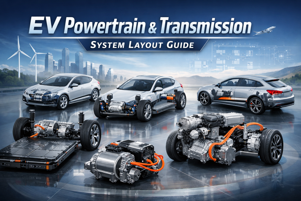 EV powertrain and transmission system layout diagram showing FWD, RWD, AWD electric drive assemblies, battery pack, and hybrid drivetrain components in a bright realistic engineering scene.