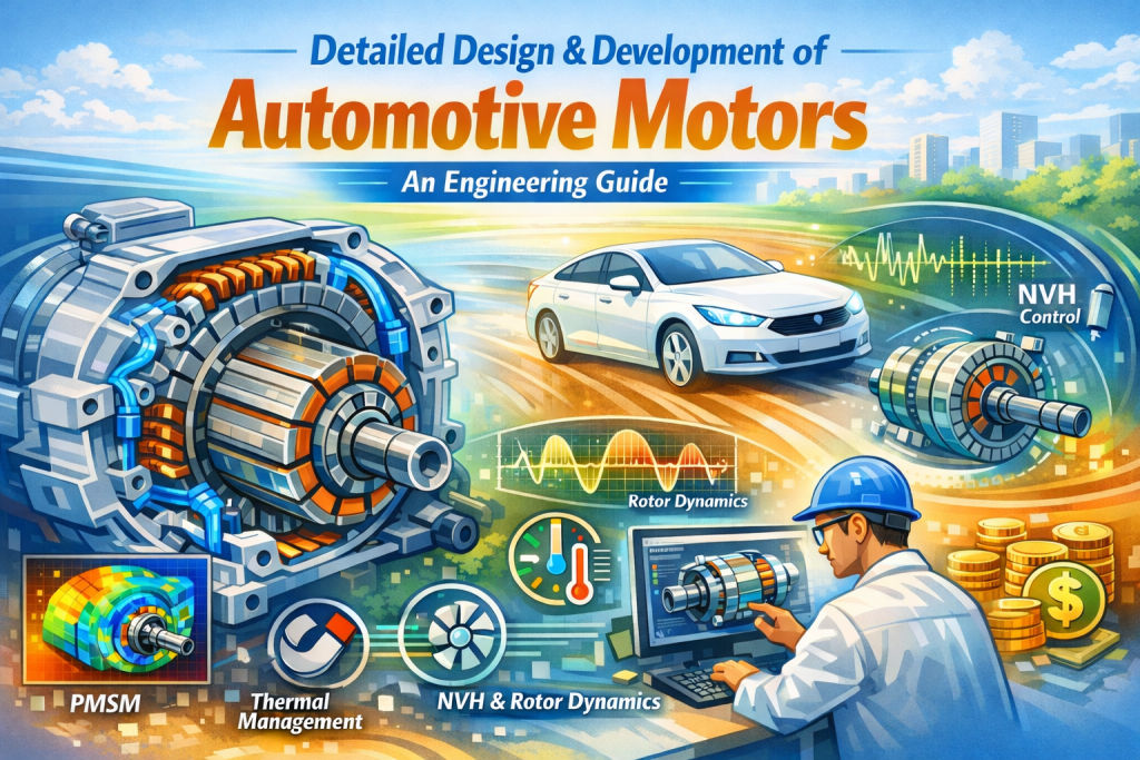 Automotive electric motor design illustration showing PMSM structure, thermal management, NVH control and rotor dynamics for EV powertrain engineering.