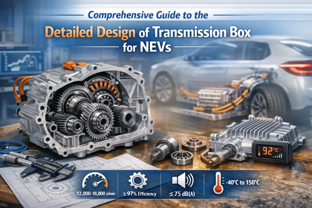 Detailed design of transmission box for NEVs showing high-speed electric motor gearbox gears housing and thermal management system
