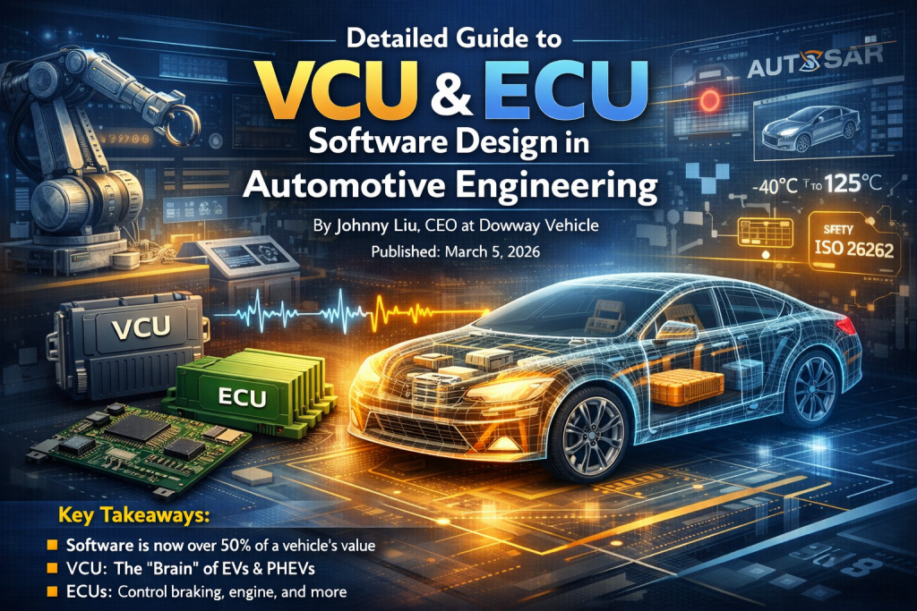 Detailed visualization of VCU and ECU software architecture in modern automotive engineering, showing electric vehicle control systems, microcontrollers, AUTOSAR layers, and CAN network communication.