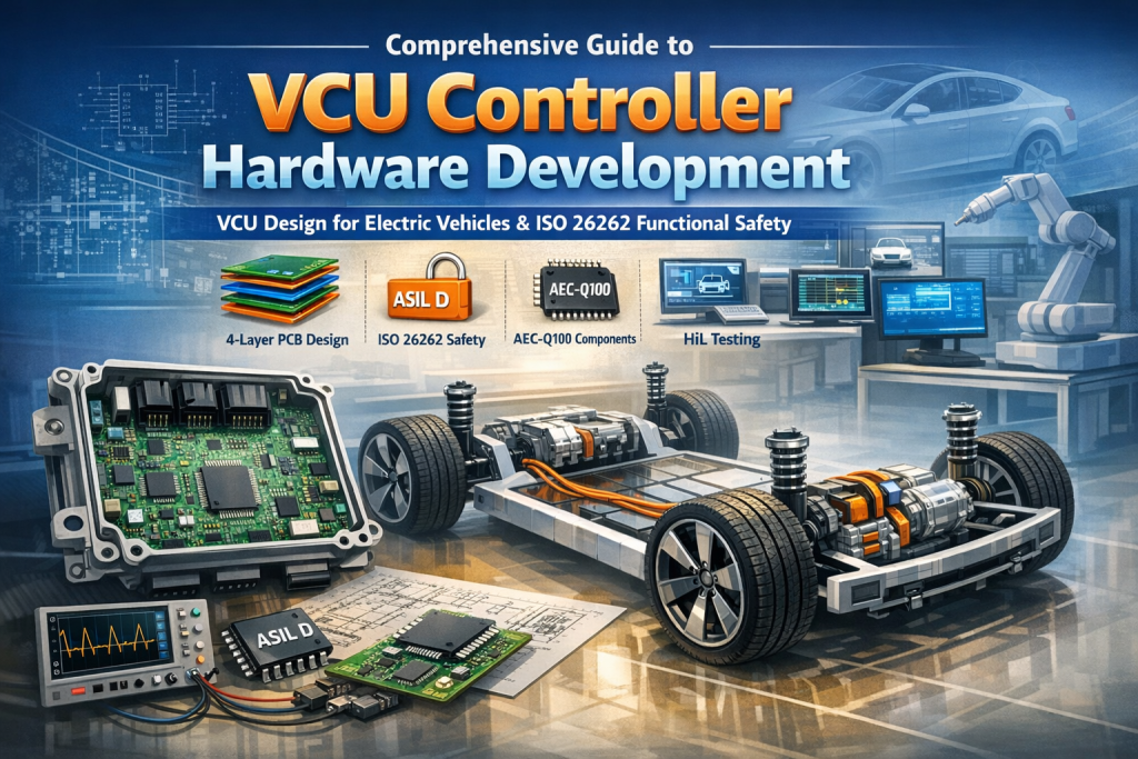 VCU controller hardware architecture for electric vehicles showing PCB design, ISO 26262 safety components, and EV powertrain control system