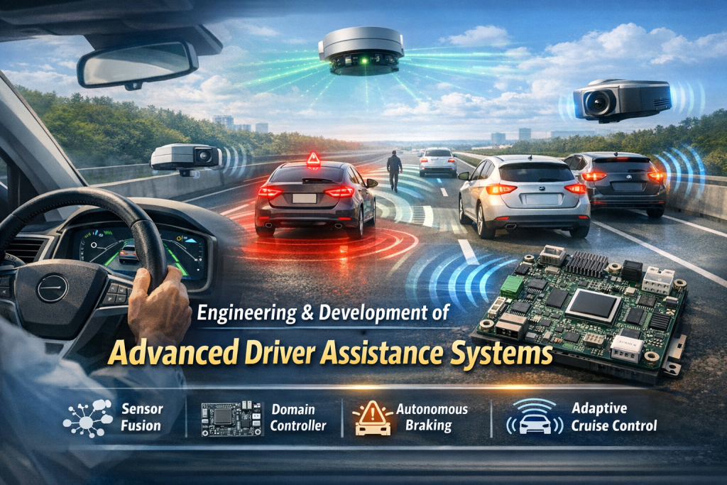 Advanced Driver Assistance Systems (ADAS) vehicle detecting cars and pedestrians using multi-sensor fusion technology