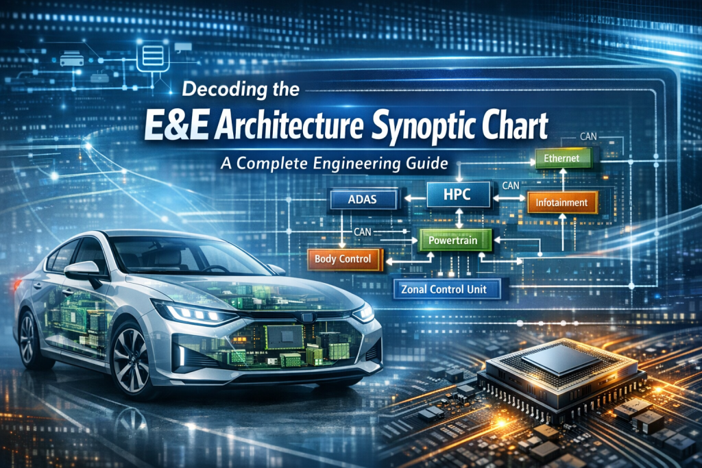 E&E architecture synoptic chart illustrating zonal vehicle architecture with HPC, ADAS, powertrain, infotainment, and automotive Ethernet connections.