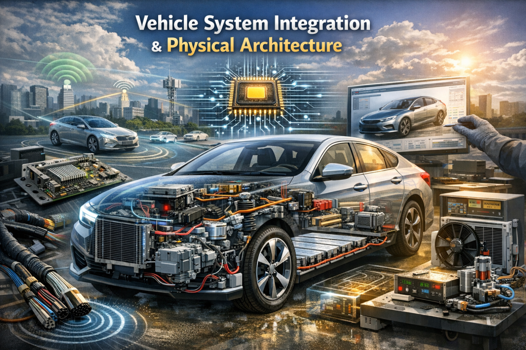 Vehicle system integration architecture showing EV components, domain controller, wiring harness, and thermal management system inside a modern electric car.