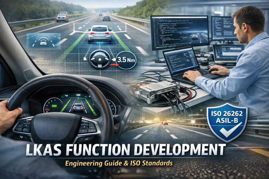 LKAS lane keeping assist system development showing camera perception, steering torque control and ISO 26262 ASIL-B safety architecture