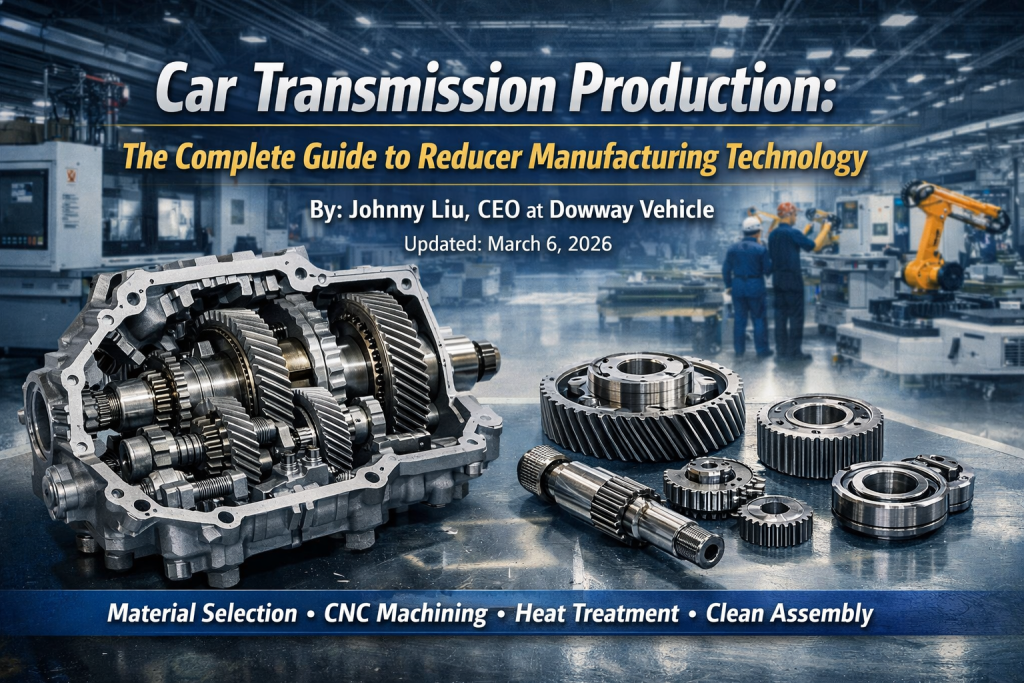 Automotive transmission reducer with gears and shafts displayed in a modern manufacturing factory, illustrating car transmission production and reducer manufacturing technology.