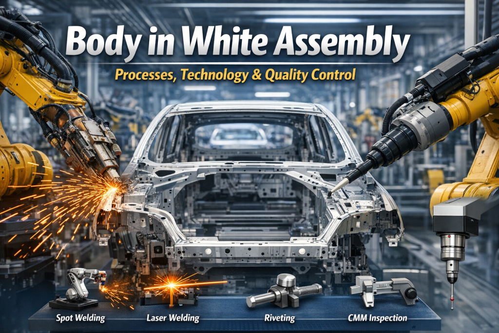 Body in White (BIW) assembly line with robotic spot welding, laser welding, and precision CMM inspection in an automotive manufacturing factory