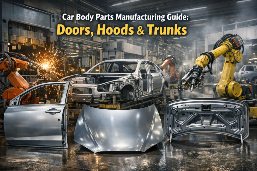 Automotive factory producing car body parts including doors, hood and trunk lid with robotic welding and stamping equipment