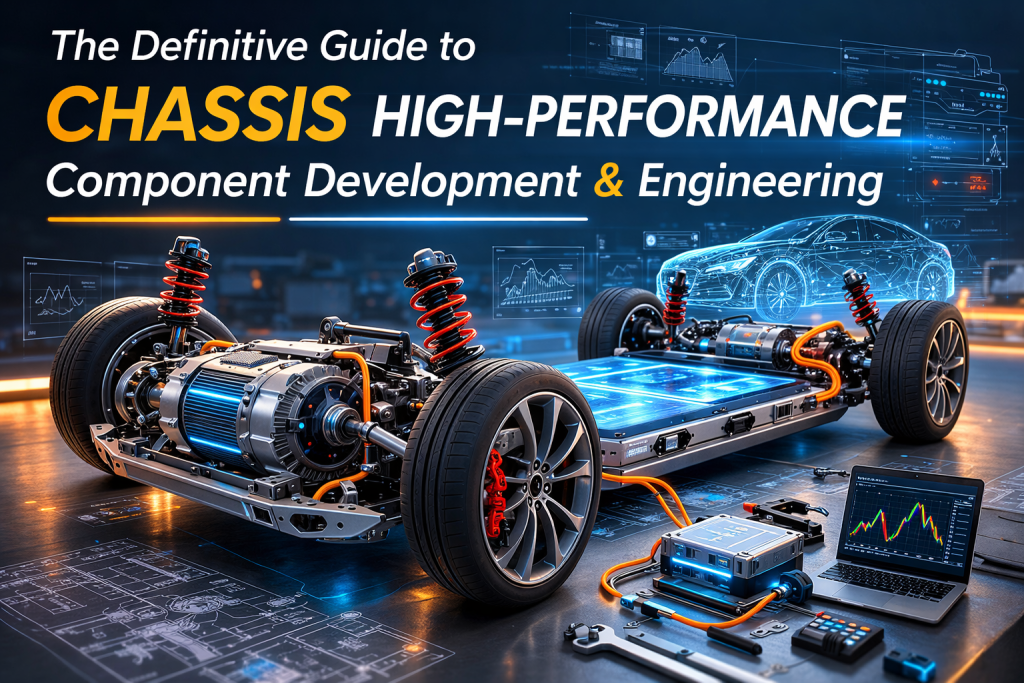 High-performance automotive chassis engineering with suspension, braking, steering, and EV battery integration components in a modern vehicle platform
