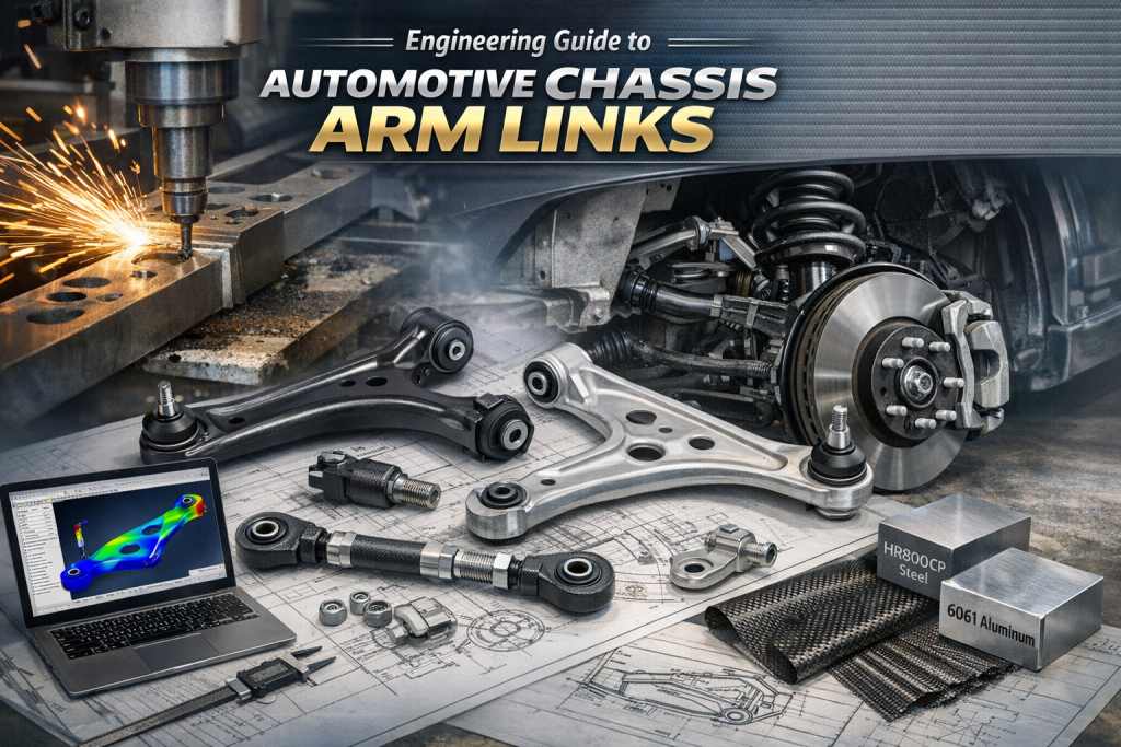 Automotive chassis arm links and control arms displayed on engineering blueprints with CAE simulation, suspension system, and materials including HR800CP steel and 6061 aluminum.