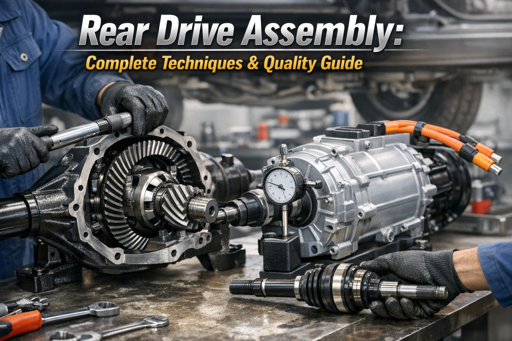 Rear drive assembly process showing differential gears, EV motor reducer, and half shaft installation in an automotive workshop