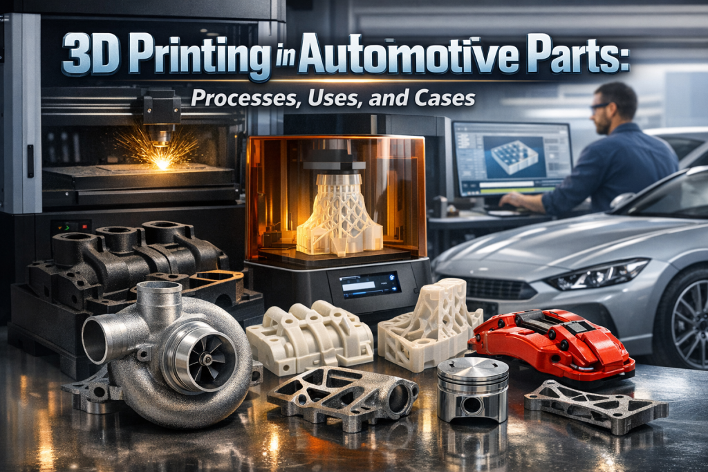 3D printing in automotive parts showing metal and polymer automotive components like turbocharger, brake caliper, and intake parts produced with additive manufacturing technologies.