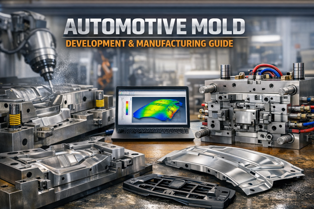 Automotive mold manufacturing with precision CNC machining for stamping dies and injection molds in a modern automotive tooling factory