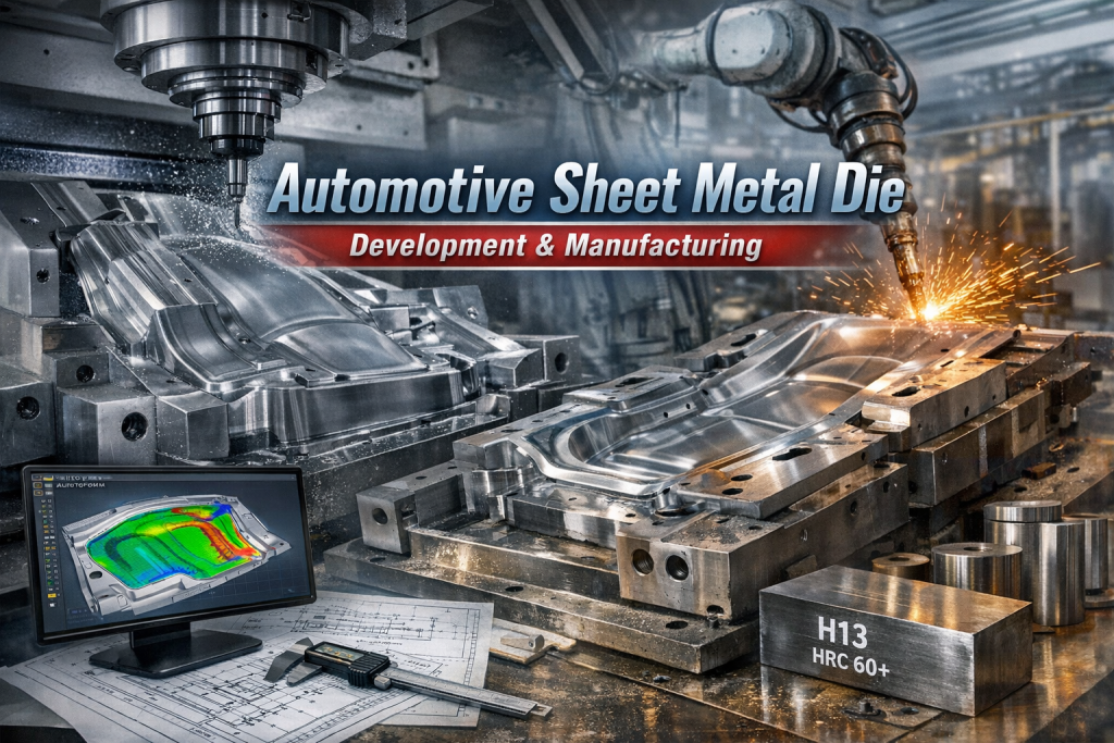 Automotive sheet metal stamping die manufacturing with CNC machining, robotic welding, and AutoForm simulation used in modern car body panel production.