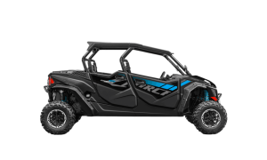 CFMOTO ZFORCE 950 SPORT-4 UTV showing black body with blue accents, four seats, roll cage, and large off-road tires; viewed from side profile