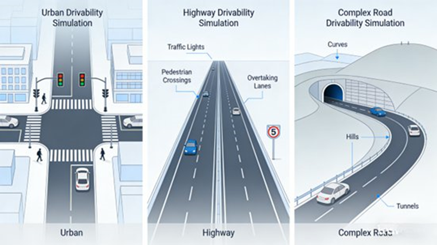 Schematic Diagram of Typical Drivability Simulation Conditions (Urban, Highway, Complex Road)