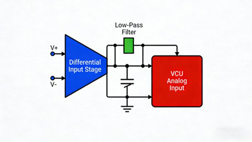 Typical VCU Analog Input Circuit (Adopting differential input and low-pass filter design to improve anti-interference ability and acquisition accuracy)
