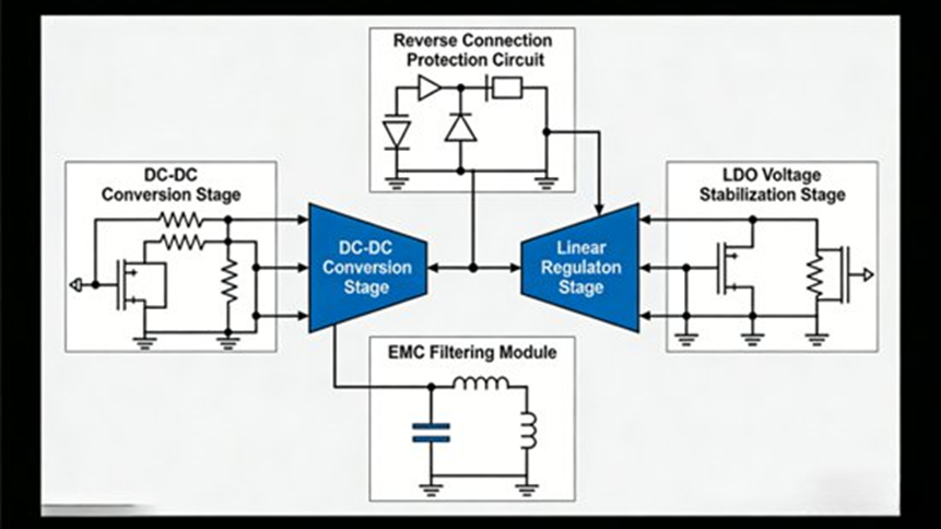 Typical VCU Power Module Circuit (Adopting two-stage power supply scheme of DC-DC conversion and LDO voltage stabilization, with reverse connection protection and EMC filtering functions)