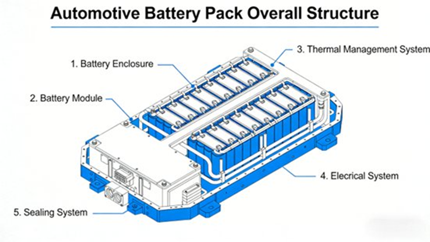 Overall Structure of Automotive Battery Pack (1. Battery Enclosure 2. Battery Module 3. Thermal Management System 4. Electrical System 5. Sealing System)