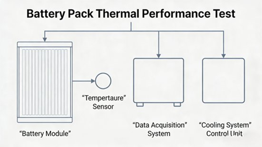 Thermal Performance Test of Battery Pack (1. Battery Module 2. Temperature Sensor 3. Data Acquisition System 4. Cooling System Control Unit)