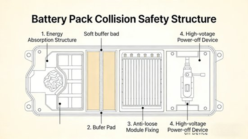 Collision Safety Structure of Battery Pack (1. Energy Absorption Structure 2. Buffer Pad 3. Anti-loose Module Fixing 4. High-voltage Power-off Device)