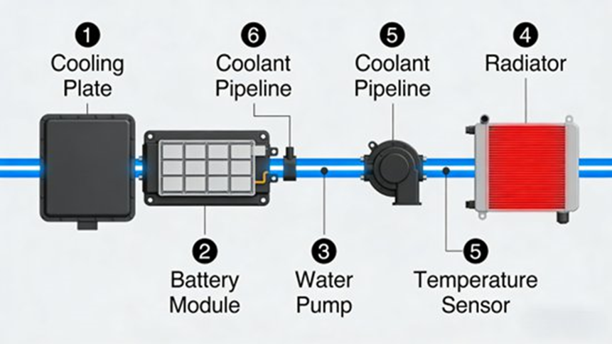 Structure of Liquid-Cooled Battery Pack Thermal Management System (1. Cooling Plate 2. Battery Module 3. Water Pump 4. Radiator 5. Temperature Sensor 6. Coolant Pipeline)