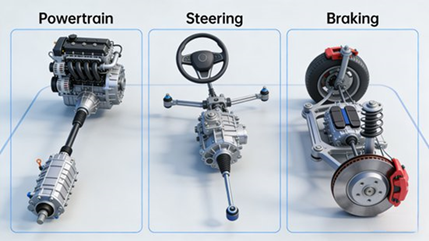 Simulation Model of Automotive Core Subsystems (Powertrain, Steering, Braking)