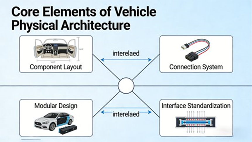 Core Elements of Vehicle Physical Architecture (The diagram shows the four core elements of the vehicle physical architecture and their interrelationships, including component layout, connection system, modular design, and interface standardization)