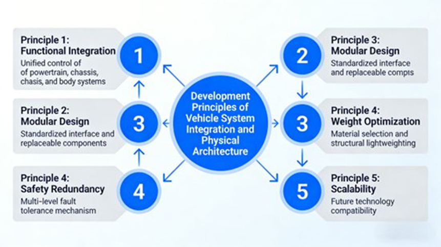 Development Principles of Vehicle System Integration and Physical Architecture (The logic diagram clarifies the core requirements and interrelationships of the five core principles, guiding the whole vehicle architecture development process)