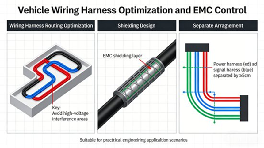 Vehicle Wiring Harness Optimization and EMC Control (The diagram shows the core points of wiring harness routing optimization, shielding design and separate arrangement, which are suitable for practical engineering application scenarios)
