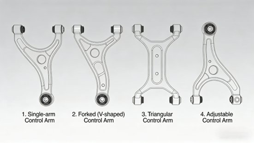 Types of Automotive Chassis Control Arms）：1. Single-arm Control Arm；2. Forked (V-shaped) Control Arm；3. Triangular Control Arm；4. Adjustable Control Arm