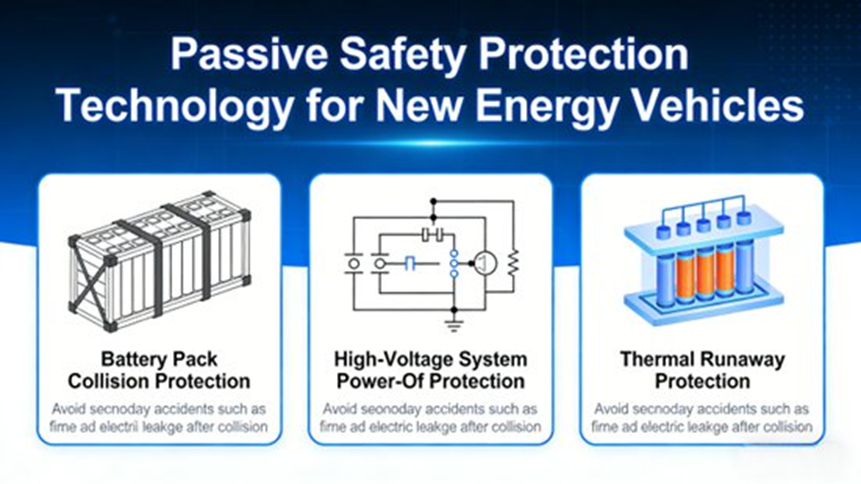 Passive safety protection technology for new energy vehicles. It mainly includes battery pack collision protection, high-voltage system power-off and thermal runaway protection to avoid secondary accidents such as fire and electric leakage after collision.