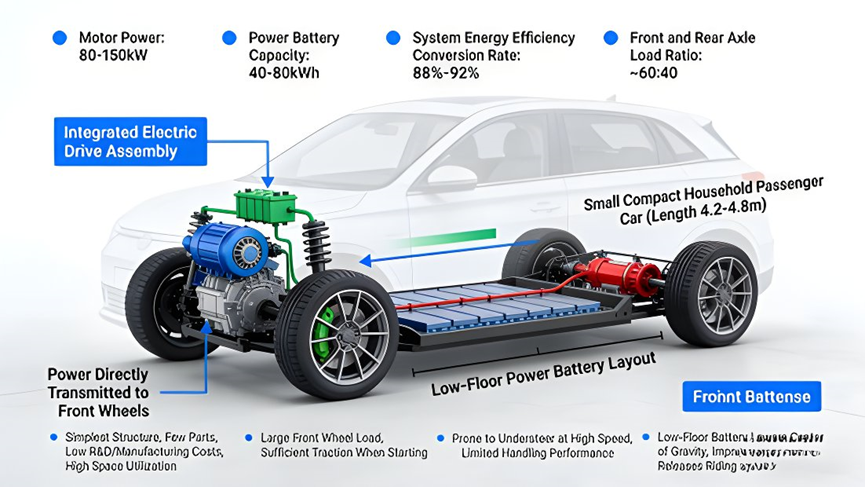 Front-mounted single motor layout (FWD) —— The integrated electric drive assembly is arranged on the front axle, and the power battery is laid under the vehicle floor, with simple structure and high space utilization.